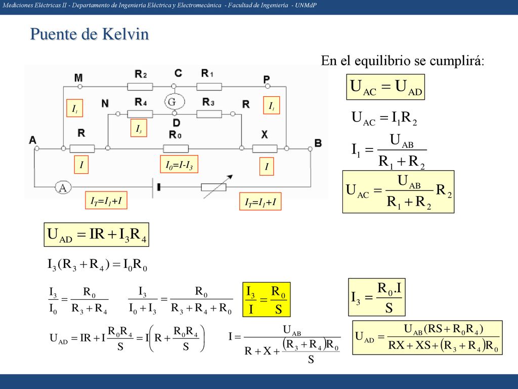Puente de Kelvin En el equilibrio se cumplirá: I1 I1 I3 I I0=I-I3 I