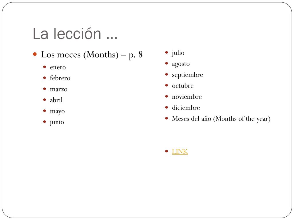 La lección … Los meces (Months) – p. 8 julio agosto enero septiembre