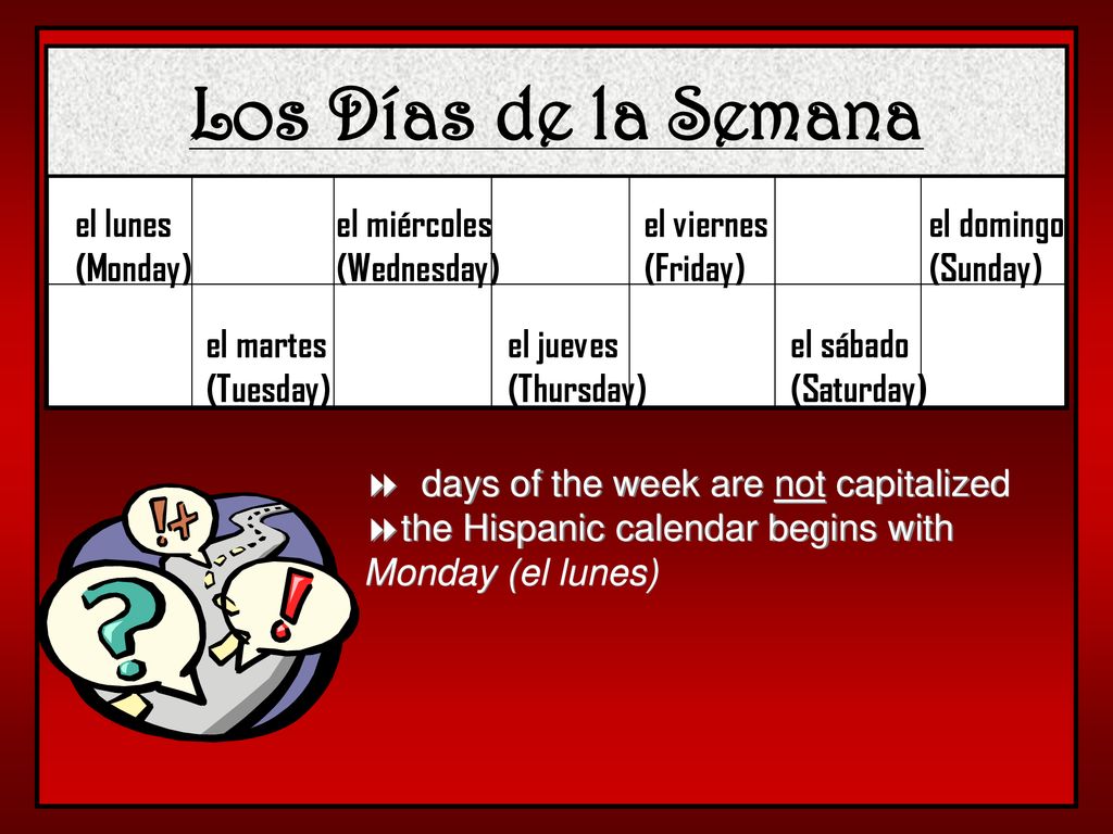 Los Días de la Semana el lunes (Monday) el miércoles (Wednesday)