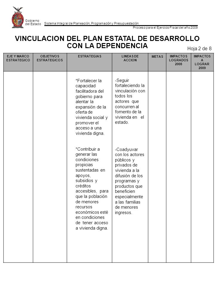 VINCULACION DEL PLAN ESTATAL DE DESARROLLO CON LA DEPENDENCIA