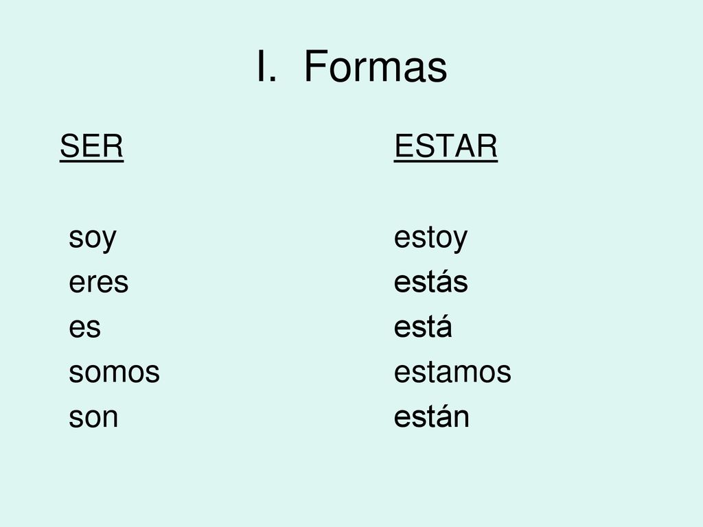 I. Formas SER ESTAR soy estoy eres estás es está somos estamos son están
