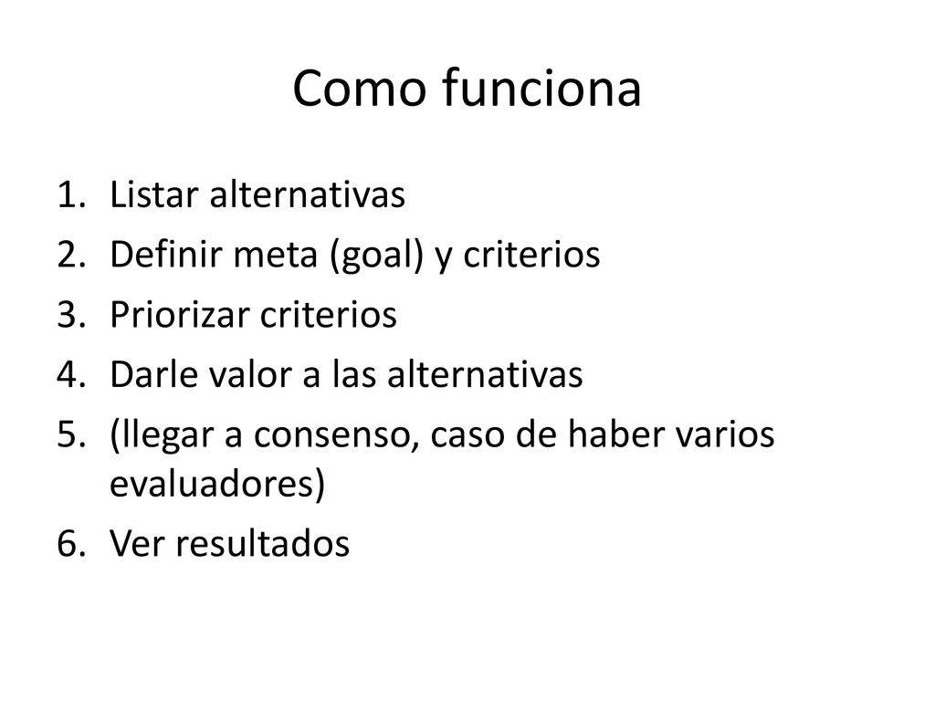 Como funciona Listar alternativas Definir meta (goal) y criterios
