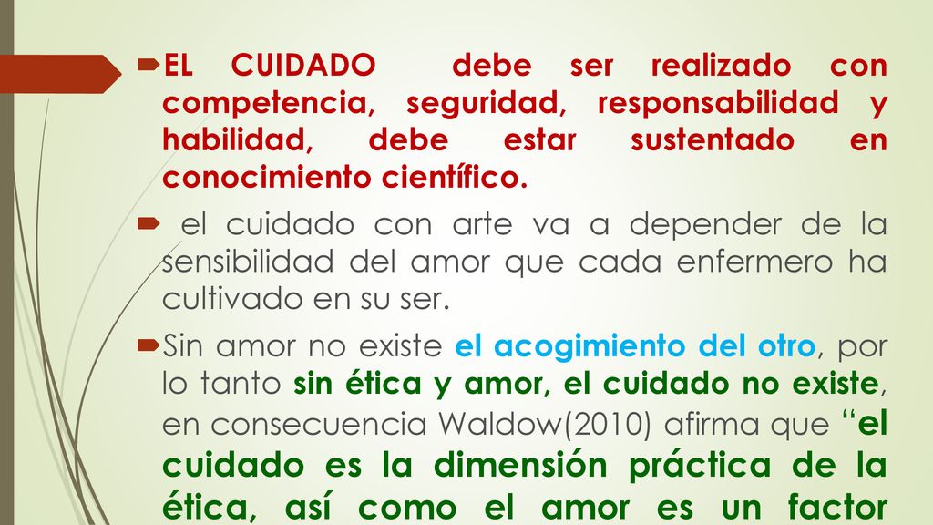 EL CUIDADO debe ser realizado con competencia, seguridad, responsabilidad y habilidad, debe estar sustentado en conocimiento científico.