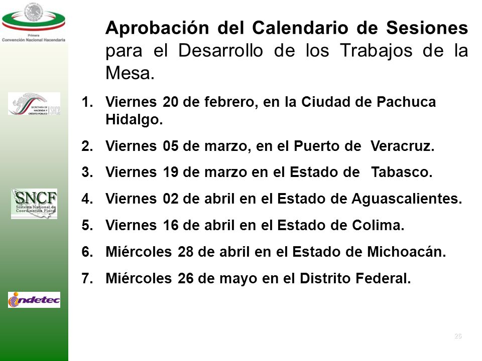 Aprobación del Calendario de Sesiones para el Desarrollo de los Trabajos de la Mesa.