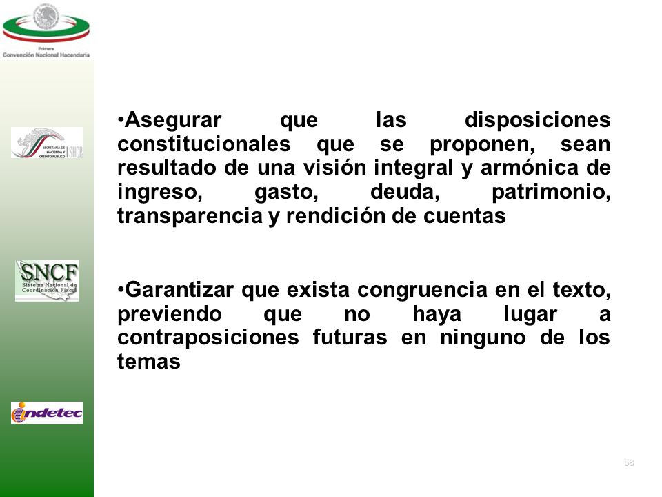 Asegurar que las disposiciones constitucionales que se proponen, sean resultado de una visión integral y armónica de ingreso, gasto, deuda, patrimonio, transparencia y rendición de cuentas