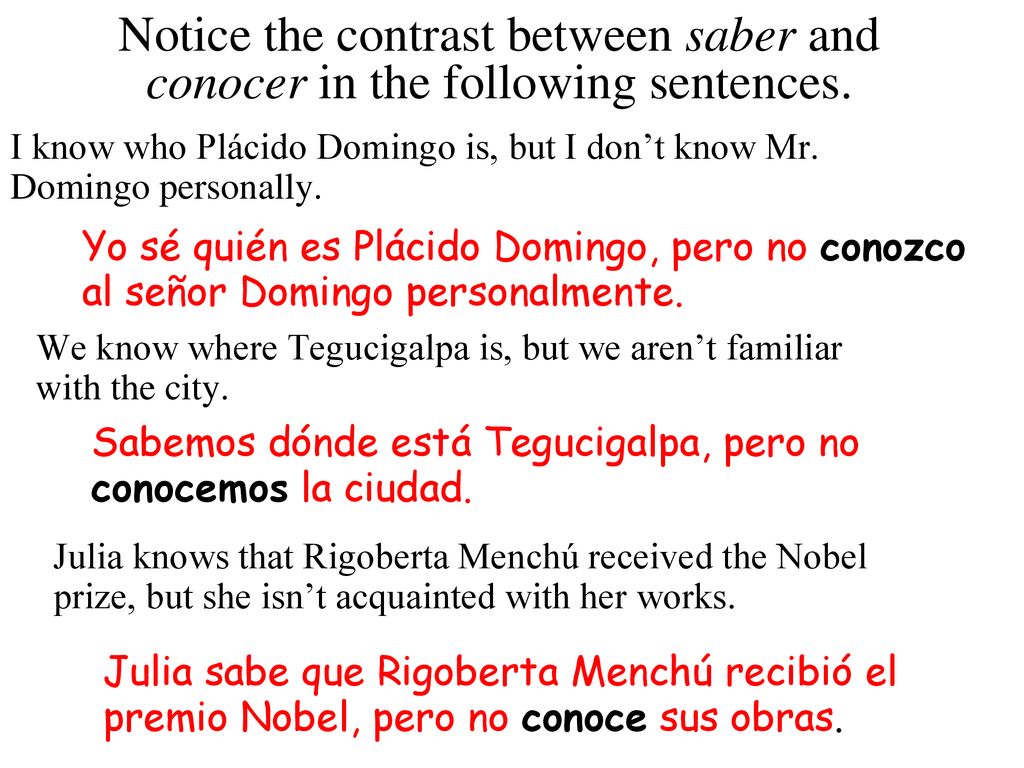 Notice the contrast between saber and conocer in the following sentences.