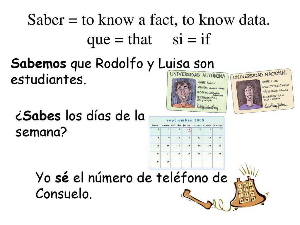 Saber = to know a fact, to know data. que = that si = if