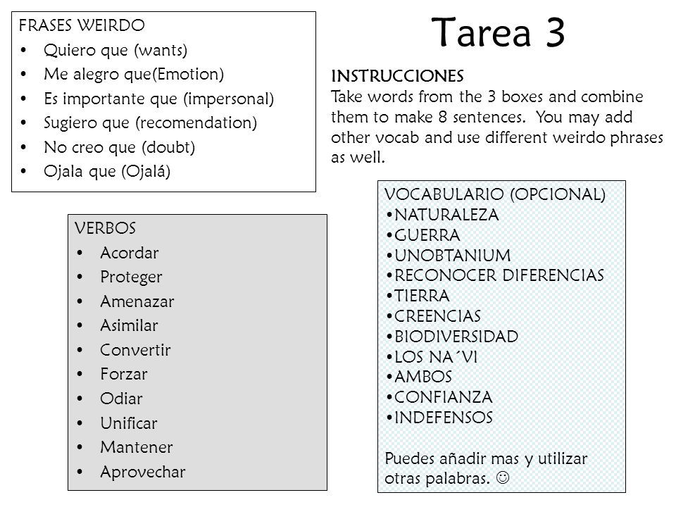Tarea 3 FRASES WEIRDO Quiero que (wants) Me alegro que(Emotion)