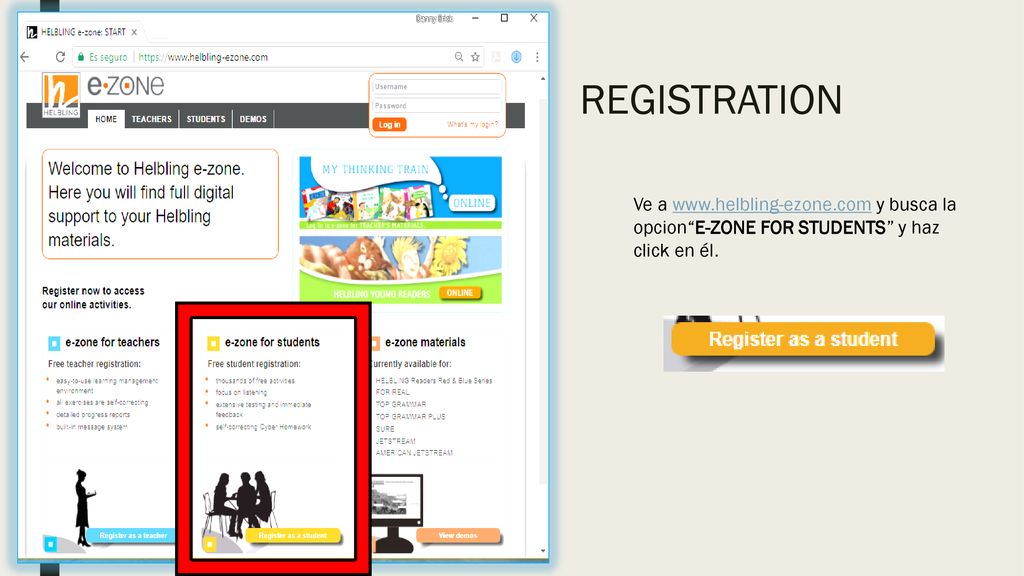 REGISTRATION Ve a   y busca la opcion E-ZONE FOR STUDENTS y haz click en él.