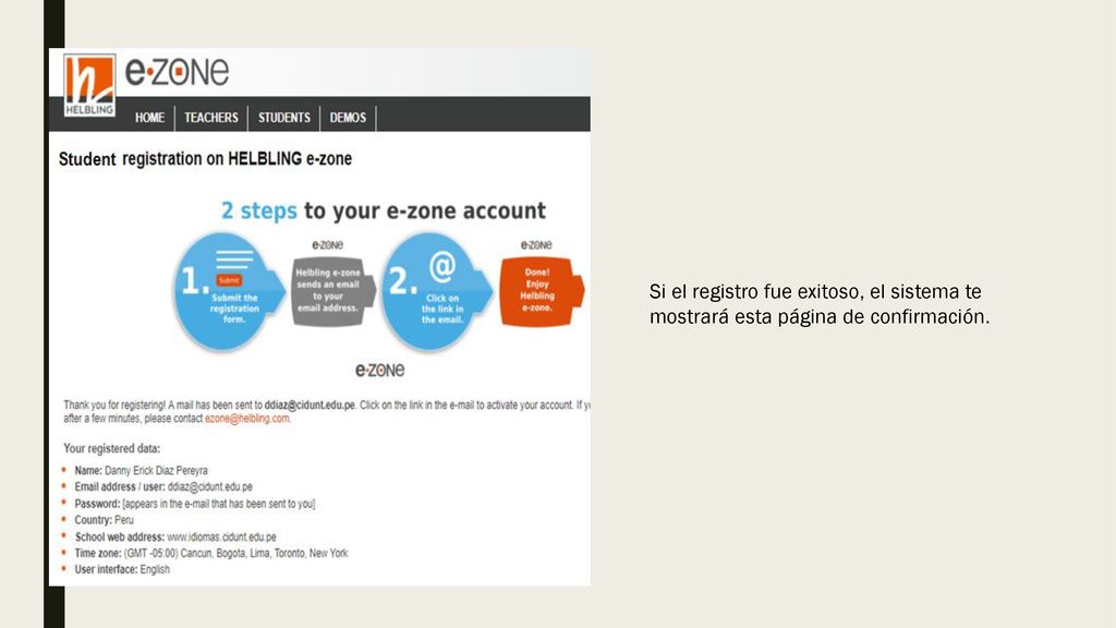 Si el registro fue exitoso, el sistema te mostrará esta página de confirmación.