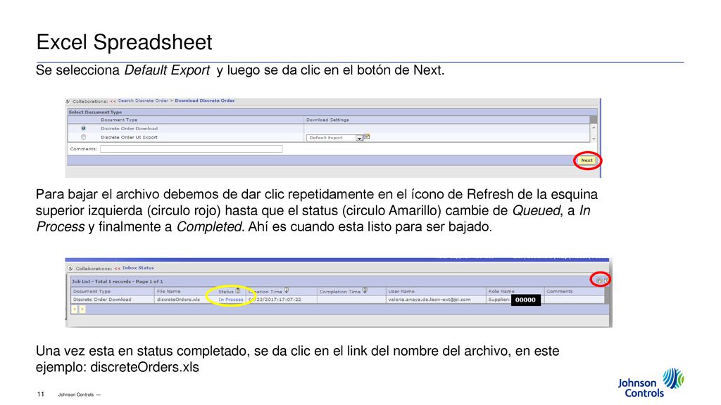 Excel Spreadsheet Se selecciona Default Export y luego se da clic en el botón de Next.