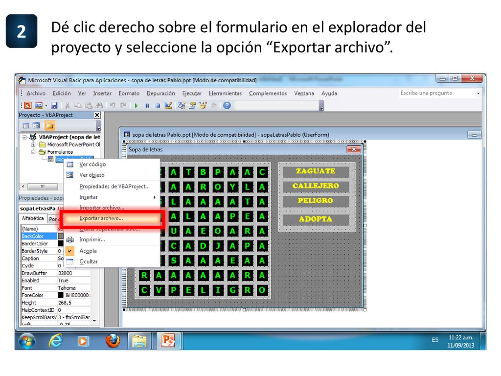 2 Dé clic derecho sobre el formulario en el explorador del proyecto y seleccione la opción Exportar archivo .