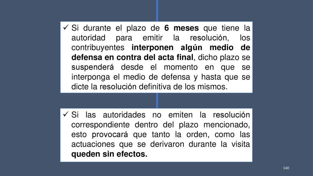 Si durante el plazo de 6 meses que tiene la autoridad para emitir la resolución, los contribuyentes interponen algún medio de defensa en contra del acta final, dicho plazo se suspenderá desde el momento en que se interponga el medio de defensa y hasta que se dicte la resolución definitiva de los mismos.