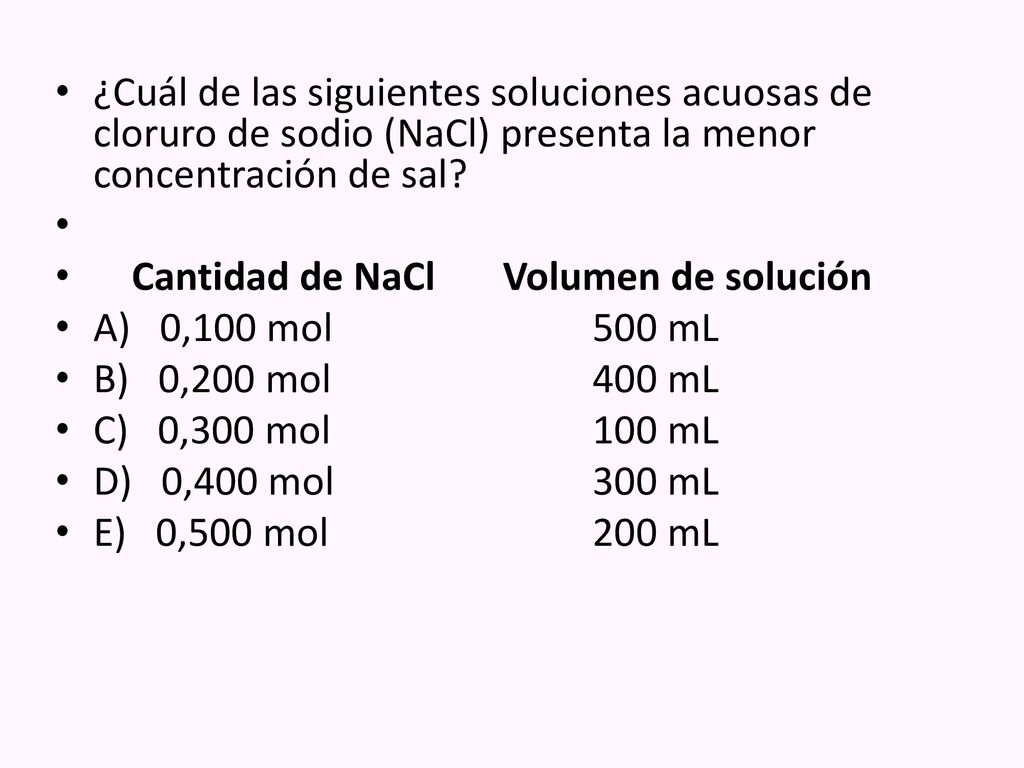 ¿Cuál de las siguientes soluciones acuosas de cloruro de sodio (NaCl) presenta la menor concentración de sal