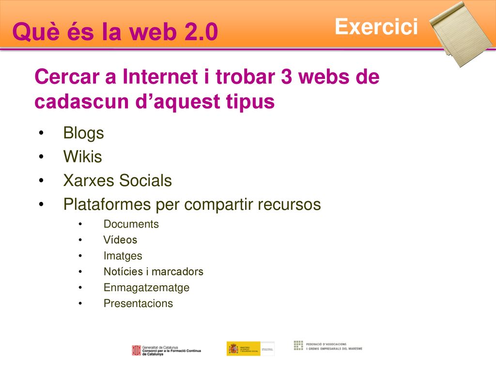 Què és la web 2.0 Exercici. Cercar a Internet i trobar 3 webs de cadascun d’aquest tipus. Blogs. Wikis.