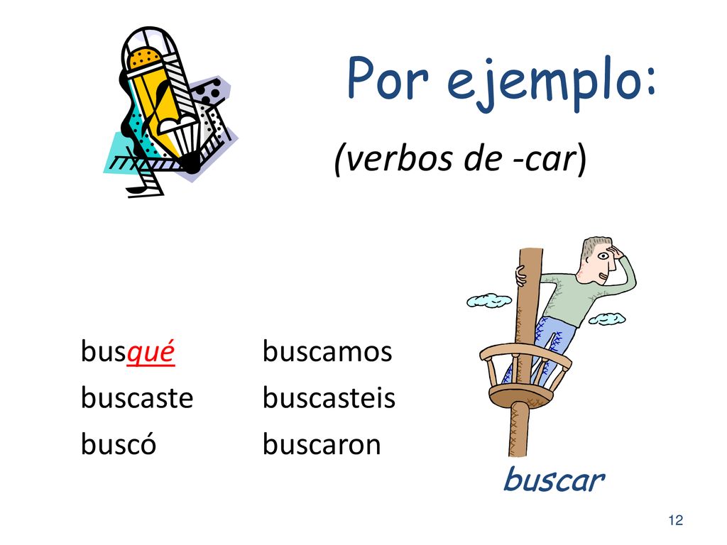Por ejemplo: (verbos de -car) buscar busqué buscaste buscó buscamos