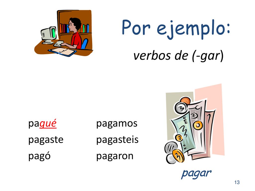Por ejemplo: verbos de (-gar) pagar pagué pagaste pagó pagamos