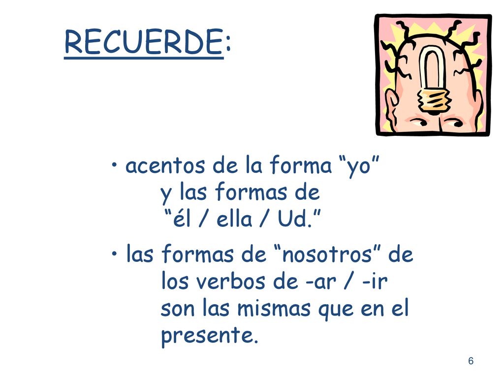 RECUERDE: acentos de la forma yo y las formas de él / ella / Ud.