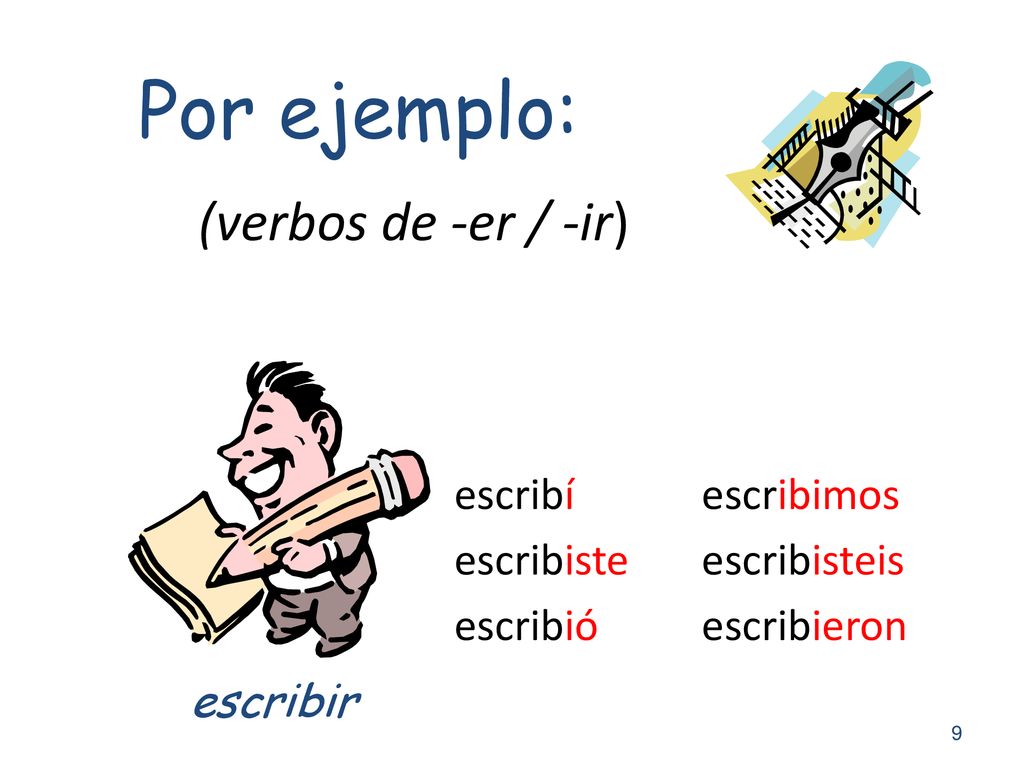 Por ejemplo: (verbos de -er / -ir) escribir escribí escribiste