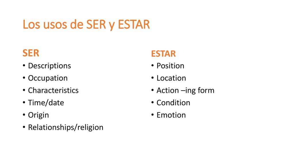 Los usos de SER y ESTAR SER ESTAR Descriptions Occupation