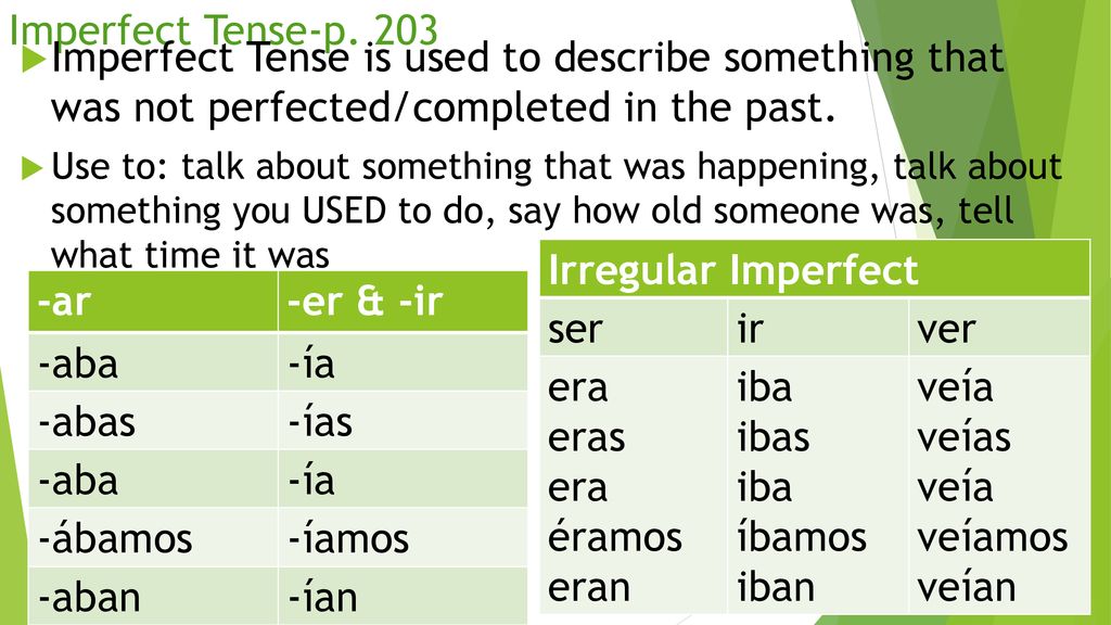 Imperfect Tense-p. 203 Imperfect Tense is used to describe something that was not perfected/completed in the past.