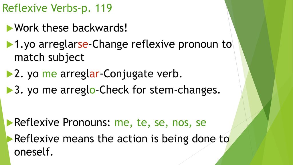 Reflexive Verbs-p. 119 Work these backwards! 1.yo arreglarse-Change reflexive pronoun to match subject.