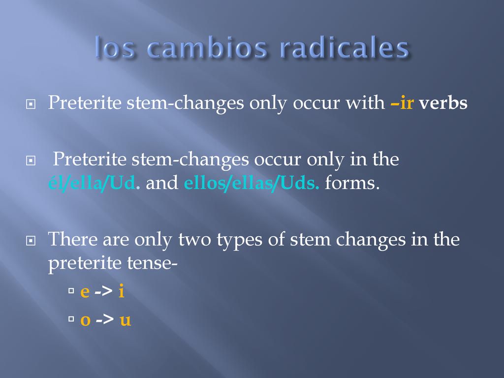 los cambios radicales Preterite stem-changes only occur with –ir verbs