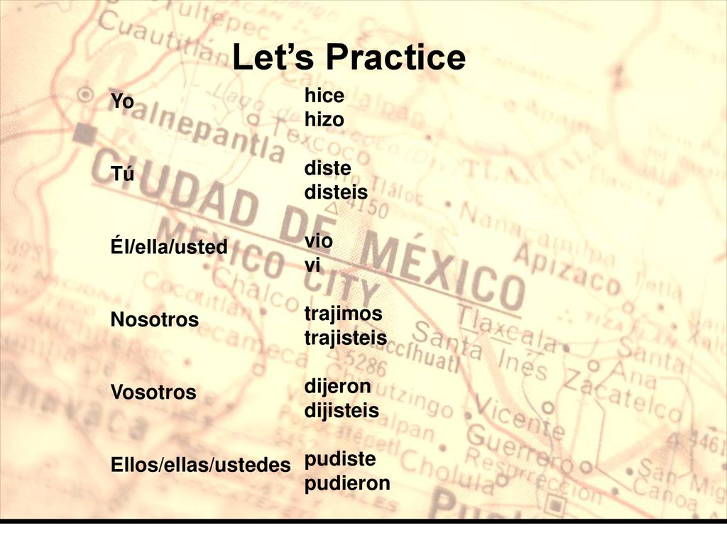 Let’s Practice hice hizo diste disteis vio vi trajimos trajisteis