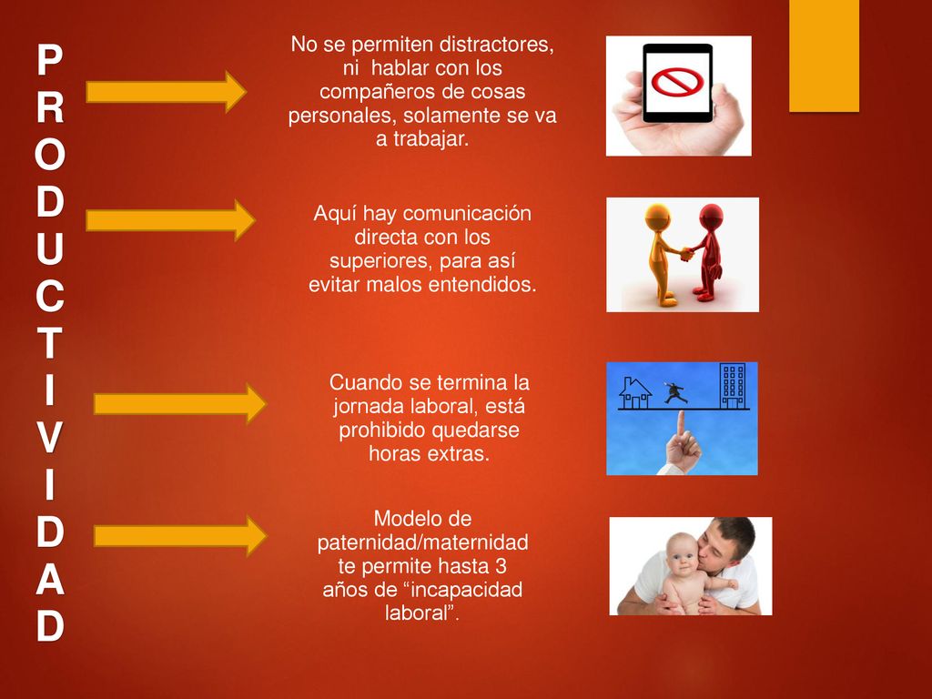 P R. O. D. U. C. T. I. V. A. No se permiten distractores, ni hablar con los compañeros de cosas personales, solamente se va a trabajar.