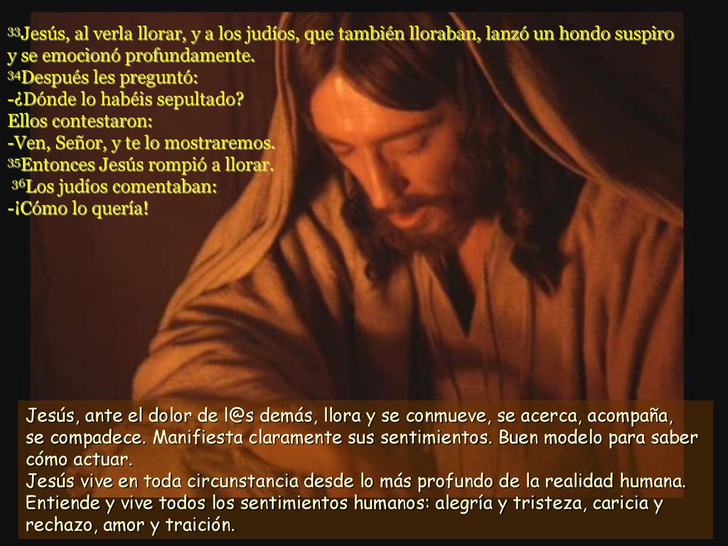 33Jesús, al verla llorar, y a los judíos, que también lloraban, lanzó un hondo suspiro y se emocionó profundamente. 34Después les preguntó: -¿Dónde lo habéis sepultado Ellos contestaron: -Ven, Señor, y te lo mostraremos. 35Entonces Jesús rompió a llorar. 36Los judíos comentaban: -¡Cómo lo quería!