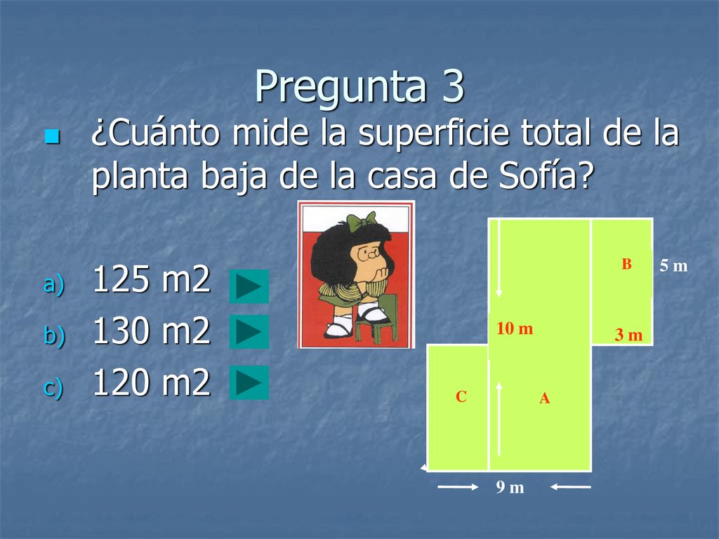 Pregunta 3 ¿Cuánto mide la superficie total de la planta baja de la casa de Sofía 125 m m2.