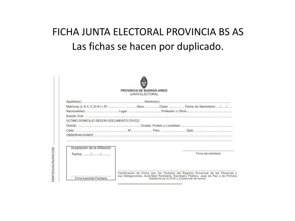 FICHA JUNTA ELECTORAL PROVINCIA BS AS Las fichas se hacen por duplicado.