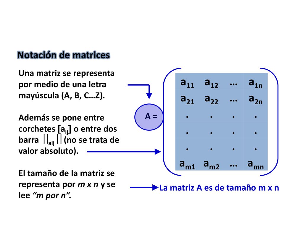 a11 a12 … a1n a21 a22 a2n . am1 am2 amn Notación de matrices