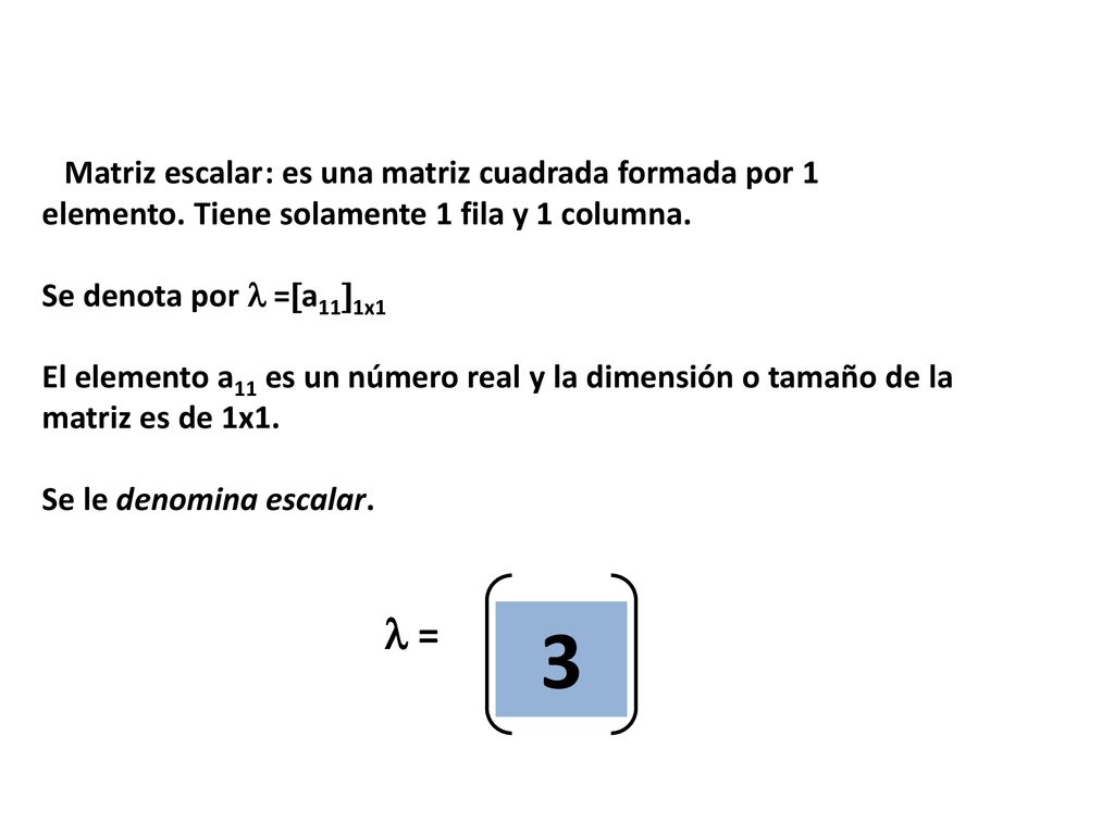 Matriz escalar : es una matriz cuadrada formada por 1 elemento. Tiene solamente 1 fila y 1 columna.