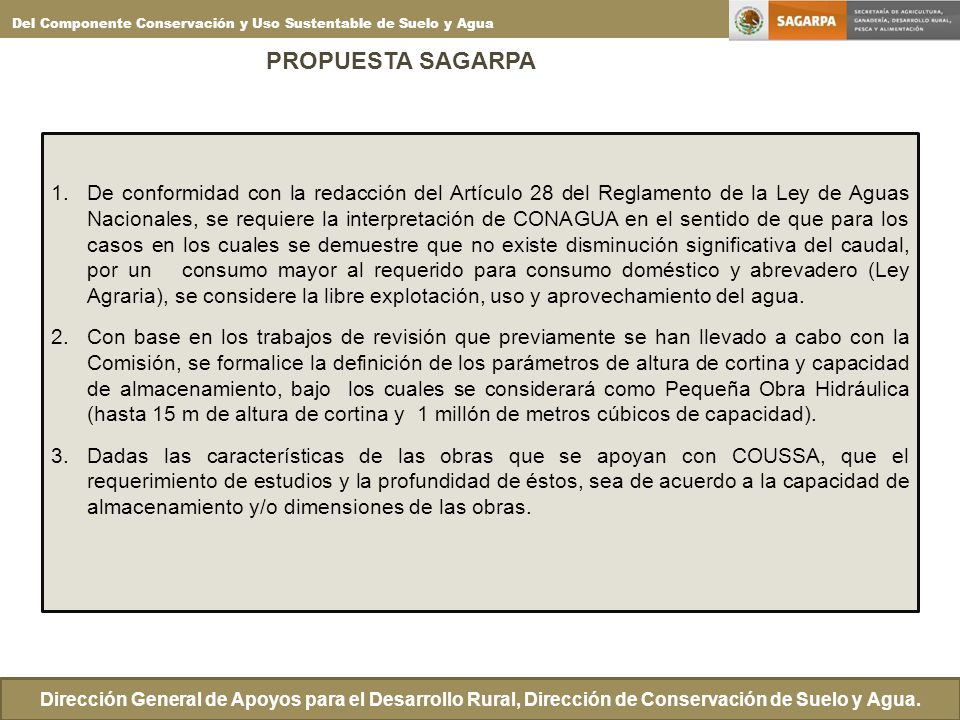Del Componente Conservación y Uso Sustentable de Suelo y Agua