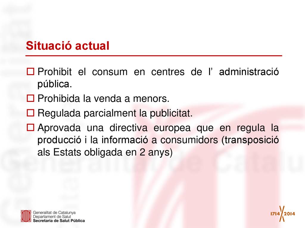 Situació actual Prohibit el consum en centres de l’ administració pública. Prohibida la venda a menors.