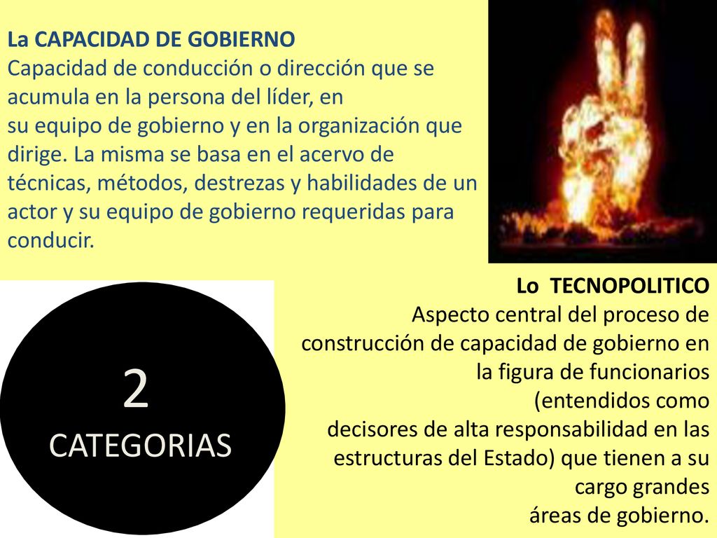 La CAPACIDAD DE GOBIERNO Capacidad de conducción o dirección que se acumula en la persona del líder, en su equipo de gobierno y en la organización que dirige. La misma se basa en el acervo de técnicas, métodos, destrezas y habilidades de un actor y su equipo de gobierno requeridas para conducir.