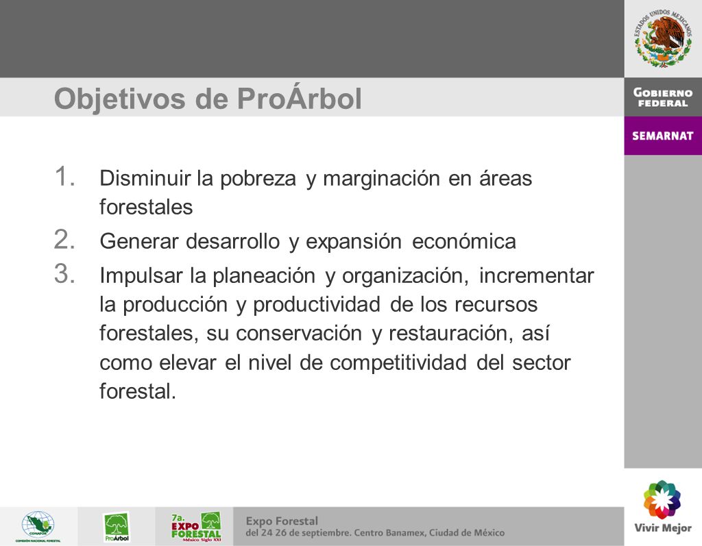 Objetivos de ProÁrbol Disminuir la pobreza y marginación en áreas forestales. Generar desarrollo y expansión económica.
