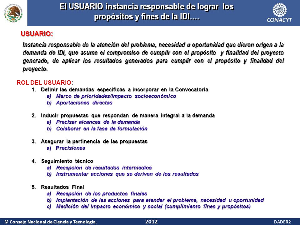 El USUARIO instancia responsable de lograr los propósitos y fines de la IDI….