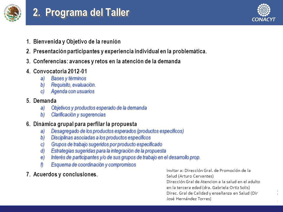 2. Programa del Taller Bienvenida y Objetivo de la reunión