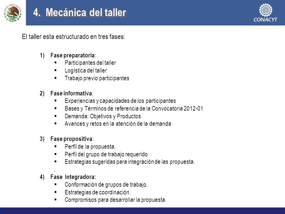 4. Mecánica del taller El taller esta estructurado en tres fases: