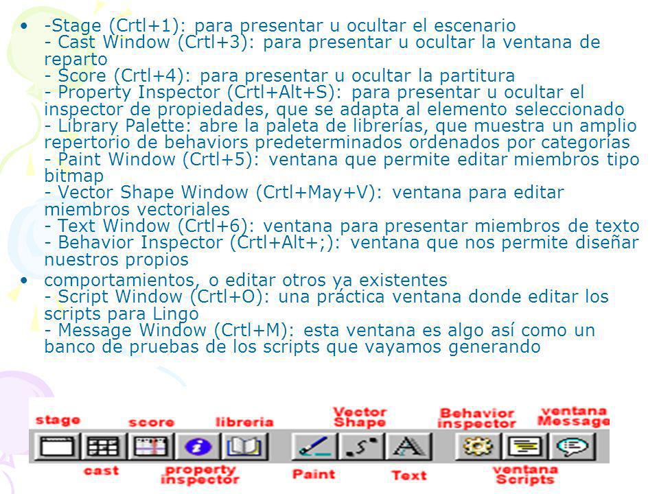 -Stage (Crtl+1): para presentar u ocultar el escenario - Cast Window (Crtl+3): para presentar u ocultar la ventana de reparto - Score (Crtl+4): para presentar u ocultar la partitura - Property Inspector (Crtl+Alt+S): para presentar u ocultar el inspector de propiedades, que se adapta al elemento seleccionado - Library Palette: abre la paleta de librerías, que muestra un amplio repertorio de behaviors predeterminados ordenados por categorías - Paint Window (Crtl+5): ventana que permite editar miembros tipo bitmap - Vector Shape Window (Crtl+May+V): ventana para editar miembros vectoriales - Text Window (Crtl+6): ventana para presentar miembros de texto - Behavior Inspector (Crtl+Alt+;): ventana que nos permite diseñar nuestros propios
