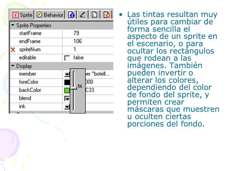 Las tintas resultan muy útiles para cambiar de forma sencilla el aspecto de un sprite en el escenario, o para ocultar los rectángulos que rodean a las imágenes.