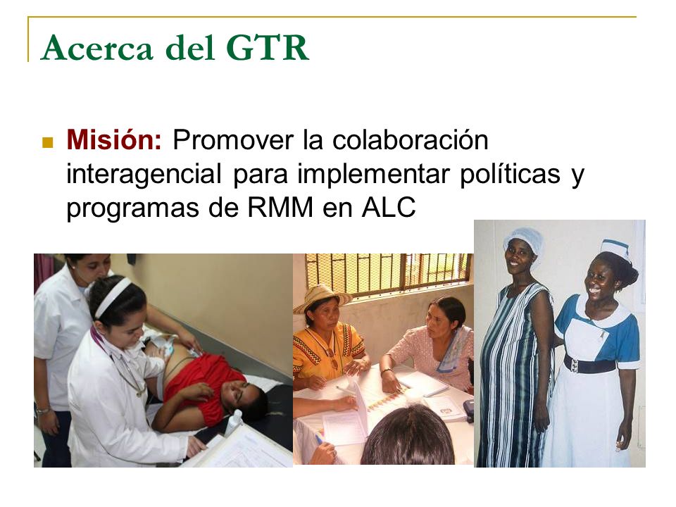 Acerca del GTR Misión: Promover la colaboración interagencial para implementar políticas y programas de RMM en ALC.