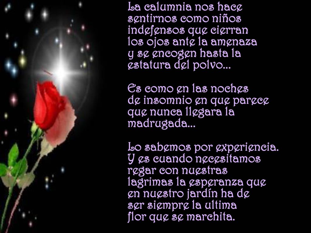 La calumnia nos hace sentirnos como niños indefensos que cierran los ojos ante la amenaza y se encogen hasta la estatura del polvo...