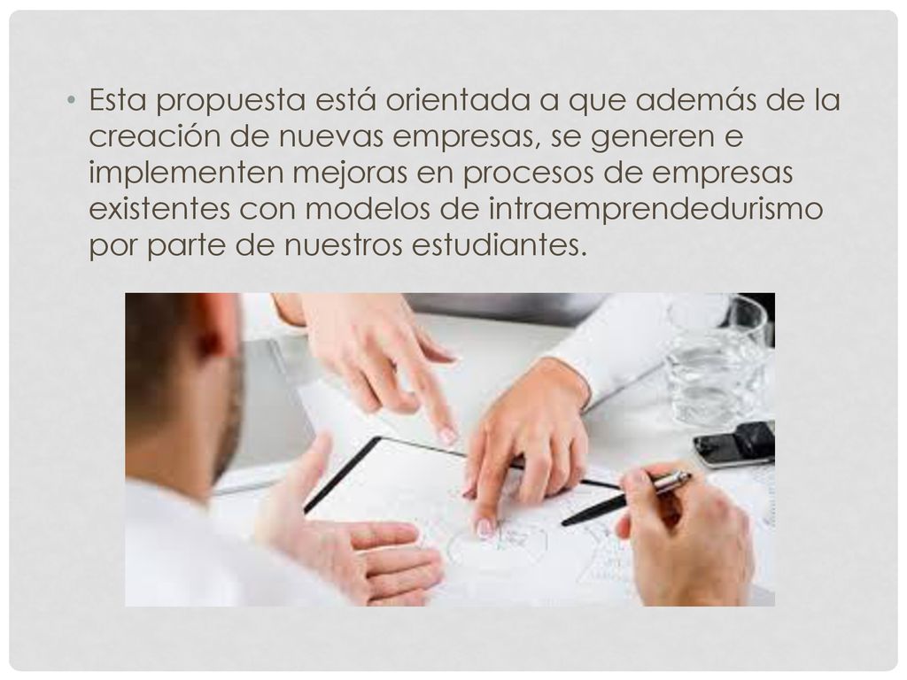 Esta propuesta está orientada a que además de la creación de nuevas empresas, se generen e implementen mejoras en procesos de empresas existentes con modelos de intraemprendedurismo por parte de nuestros estudiantes.