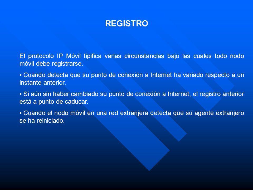 REGISTRO El protocolo IP Móvil tipifica varias circunstancias bajo las cuales todo nodo móvil debe registrarse.