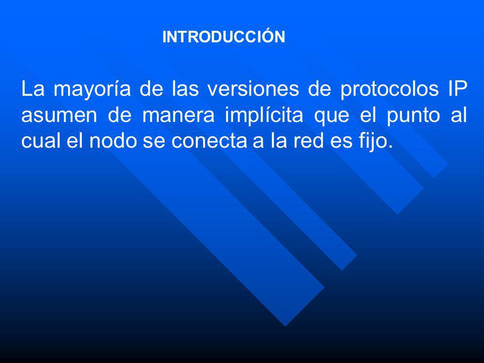 INTRODUCCIÓN La mayoría de las versiones de protocolos IP asumen de manera implícita que el punto al cual el nodo se conecta a la red es fijo.