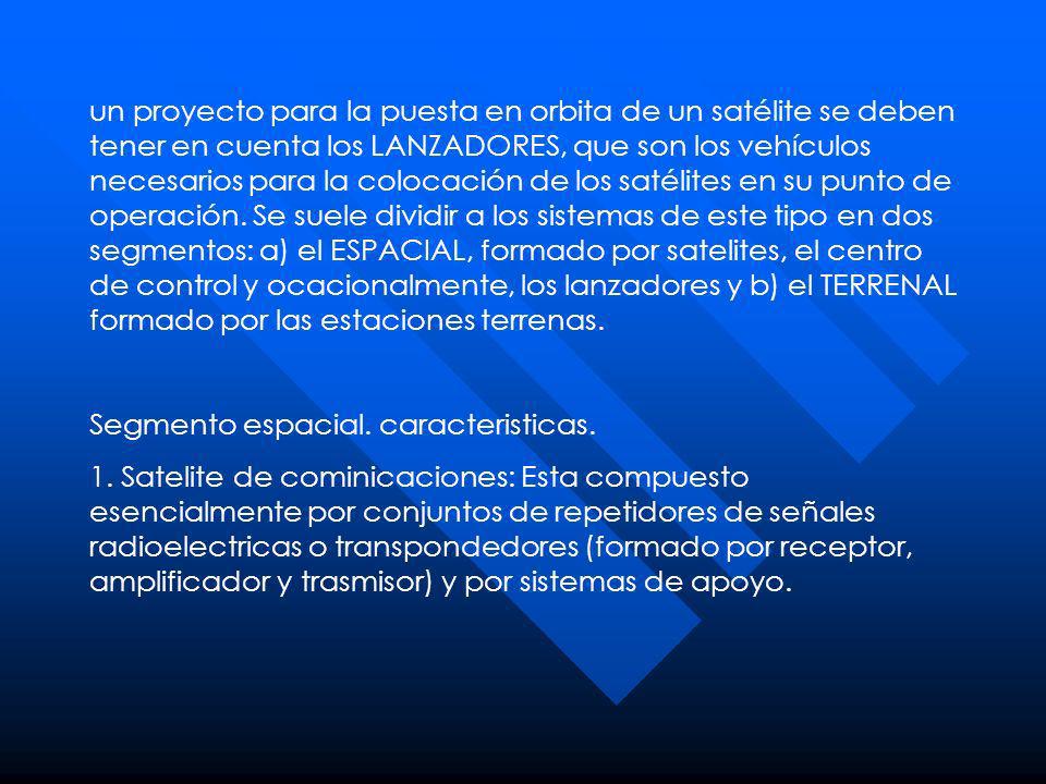 un proyecto para la puesta en orbita de un satélite se deben tener en cuenta los LANZADORES, que son los vehículos necesarios para la colocación de los satélites en su punto de operación. Se suele dividir a los sistemas de este tipo en dos segmentos: a) el ESPACIAL, formado por satelites, el centro de control y ocacionalmente, los lanzadores y b) el TERRENAL formado por las estaciones terrenas.