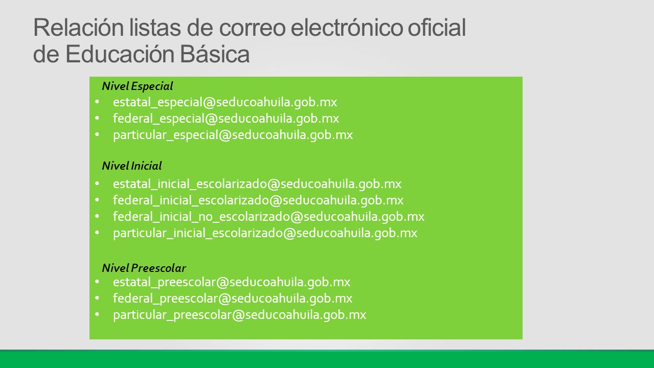 Relación listas de correo electrónico oficial de Educación Básica